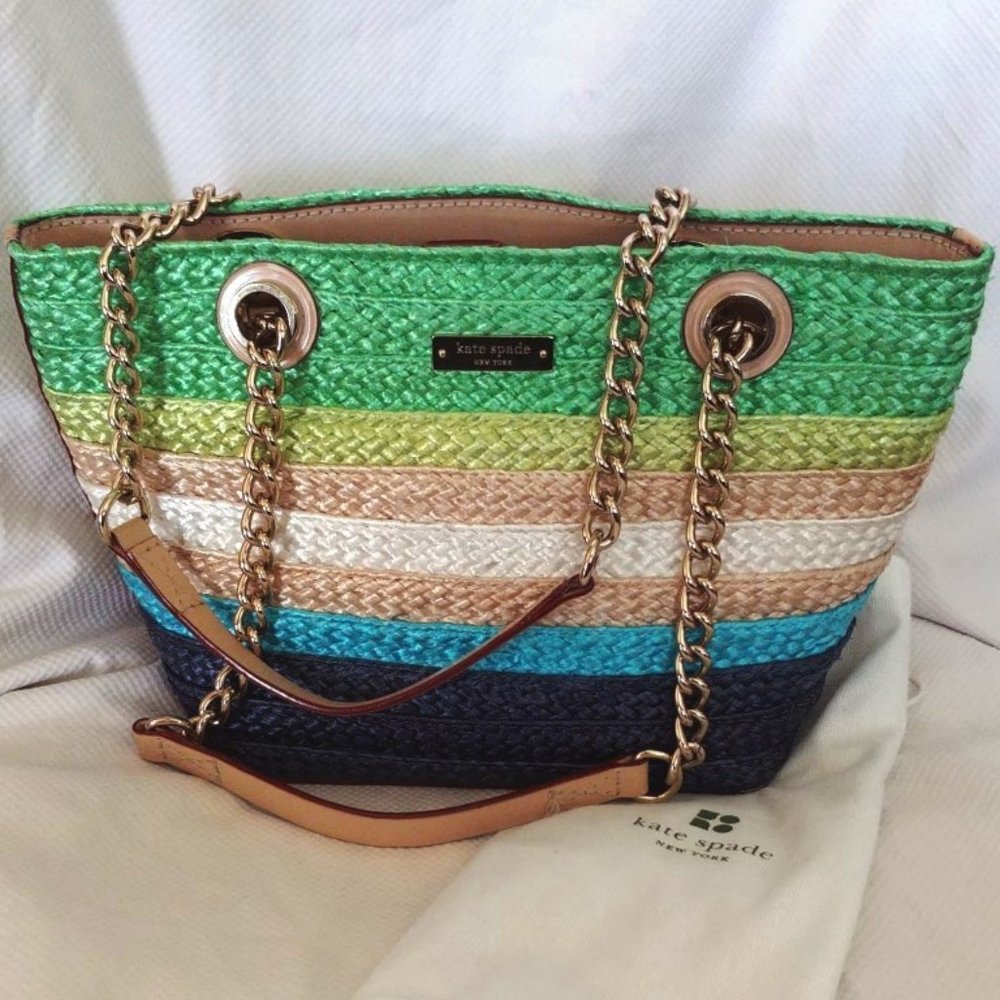 Kate Spade Chelsea Market Straw and Leather Chain Handle Tote in Shamrock, EUC